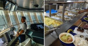 the captain of a cruise looks out over the ocean, a buffet line of food on a cruise ship