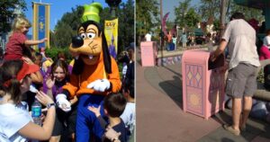 Crowd around Disneyland employee dressed as Goofy, visitor peering inside trash can