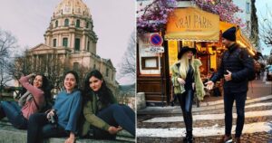 Female tourists take a selfie in front of Dome de Paris/ couple strolling through Montmartre