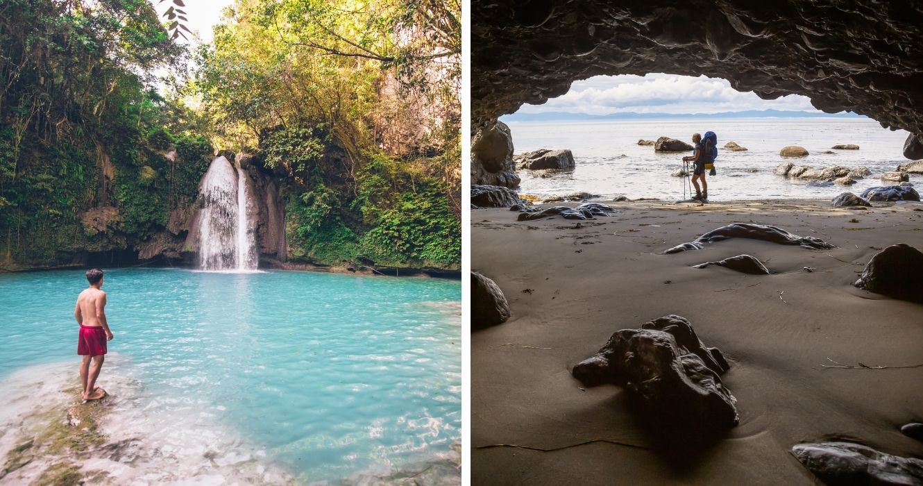 um turista em uma cachoeira nas filipinas, explorando uma caverna na praia