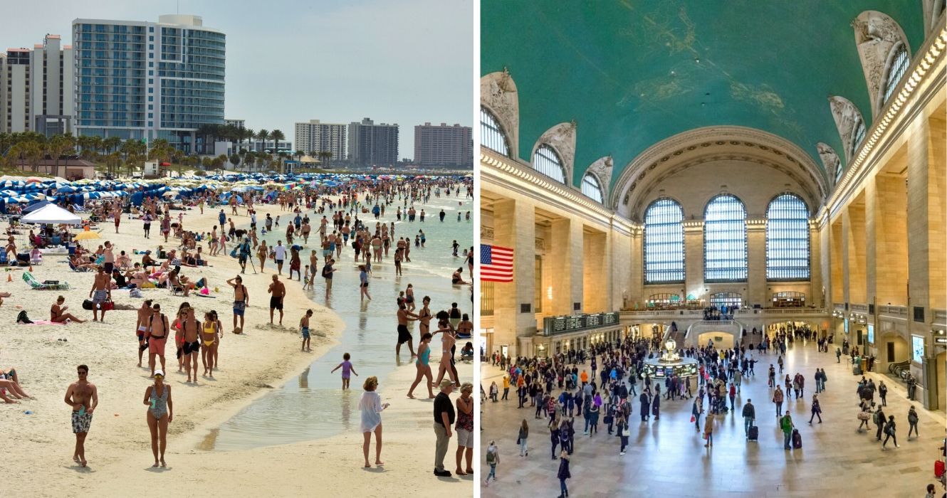 praias da Flórida permanecem abertas durante o coronavírus, estação de ônibus Grand Central em Nova York