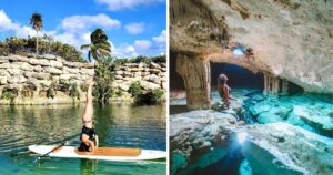 a girl does a headstand on her paddle board, a girl explores a cave in mexico