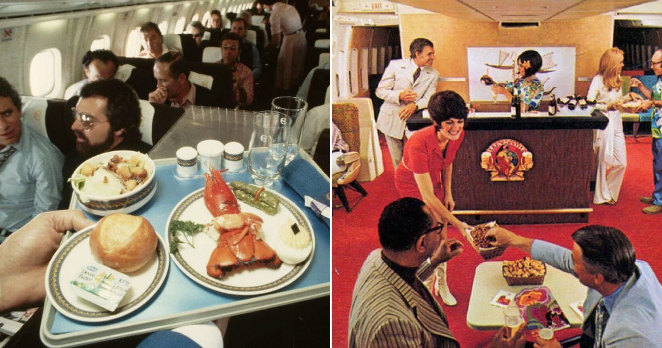 Uma refeição de lagosta sendo servida em um voo na Golden Age of Flying, comissária de bordo serve lanches e bebidas em um avião espaçoso