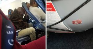 a man has no room to relax on a plane, gum stuck to the back of a spirit airlines seat