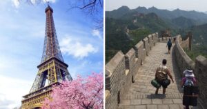 the eiffel tower wtih cherry blossoms, walking along the great wall of china