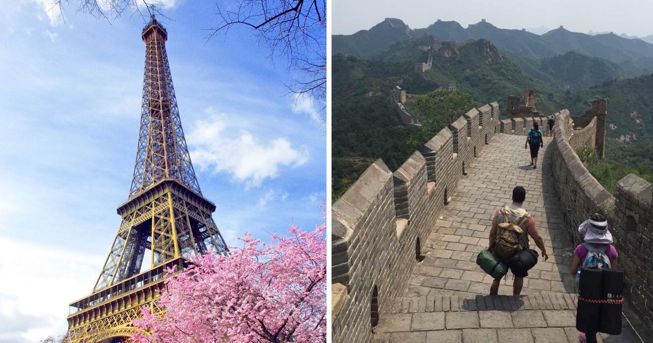 a torre eiffel com flores de cerejeira, caminhando ao longo da grande muralha da china