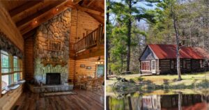 log cabin in michigan with a fireplace