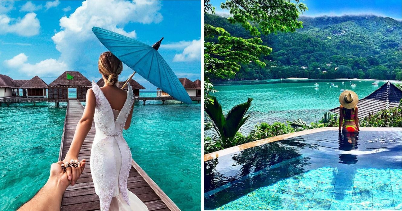 um casal de férias nas maldivas, uma mulher em uma piscina em seychelles