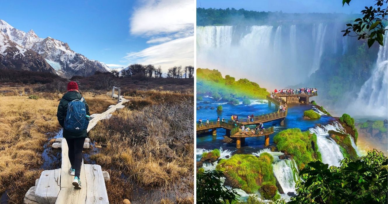 Um guia de viagem para a Argentina: os turistas devem planejar sua viagem com base nessas 11 coisas 1 uma garota caminha pela patagônia, uma vista aérea de turistas em uma cachoeira na argentina