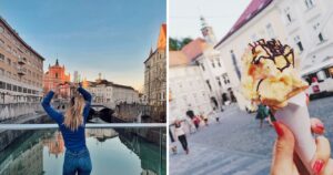 a girl takes a photo on the bridge in Ljubljana, ice cream from Ljubljana, slovenia