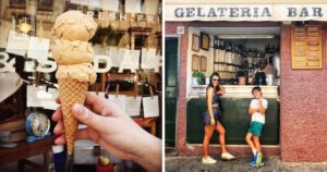 Person holding up ice cream cone/Kourtney Kardashian and Mason Disick standing by a gelato stand in Italy