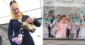 Flight attendant pouring a drink/Group of flight attendants posing with 'heart hands' in airplane cabin