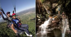 Tourist takes selfie while paragliding/ group of people canyoning in the Dominican Republic