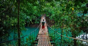 Tourist walking across a sky bridge in the Costa Rican jungle