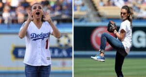 Mila Kunis wearing a Dodgers jersey and cheering/Jessica Alba throwing a pitch at Dodgers Stadium