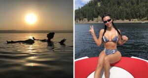 Shay Mitchell floating in the Dead Sea at sunset/Kim Kardashian posing on a raft at Lake Coeur d'Alene